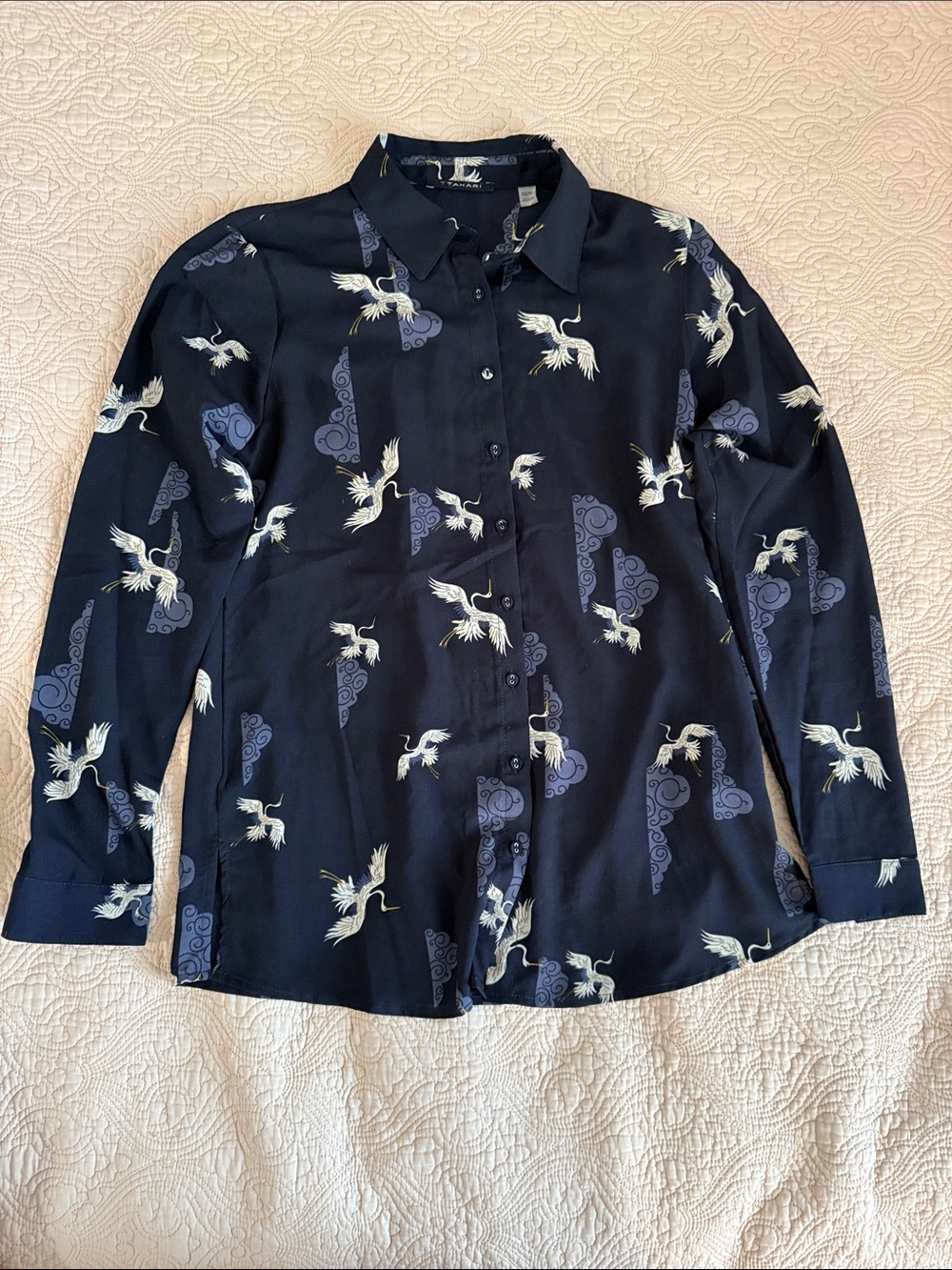 T Tahari Navy Crane-Print Button-Up Shirt